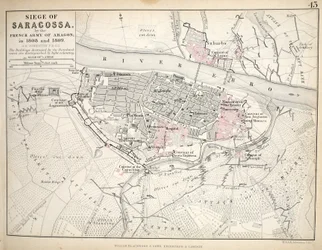 Kort over belejringen af Saragossa, udgivet af William Blackwood and Sons, Edinburgh og London, 1848 (håndfarvet gravering)